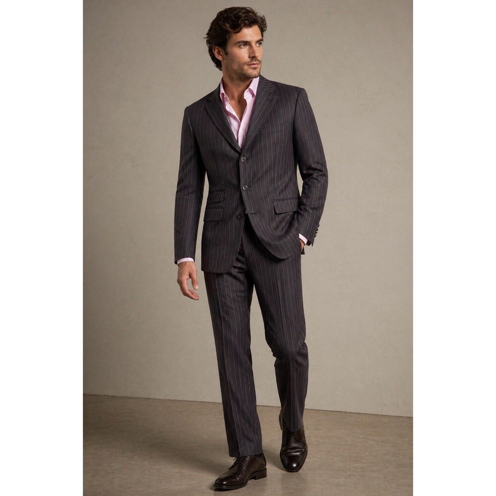 Etro Milano Men’s Suit EU 52 Jacket Gray Pink Pinstripe Cotton 36x29 Pants Luxe
